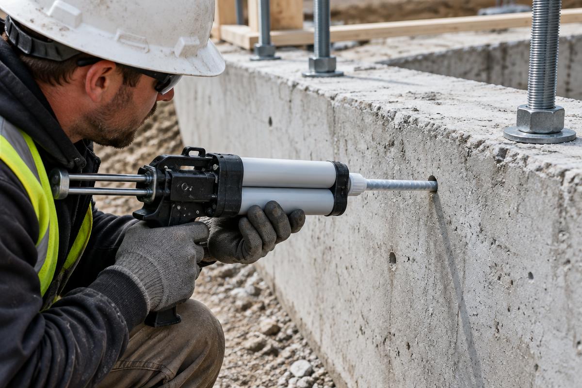 Worker injecting adhesive into a drilled concrete hole for a post-installed anchor