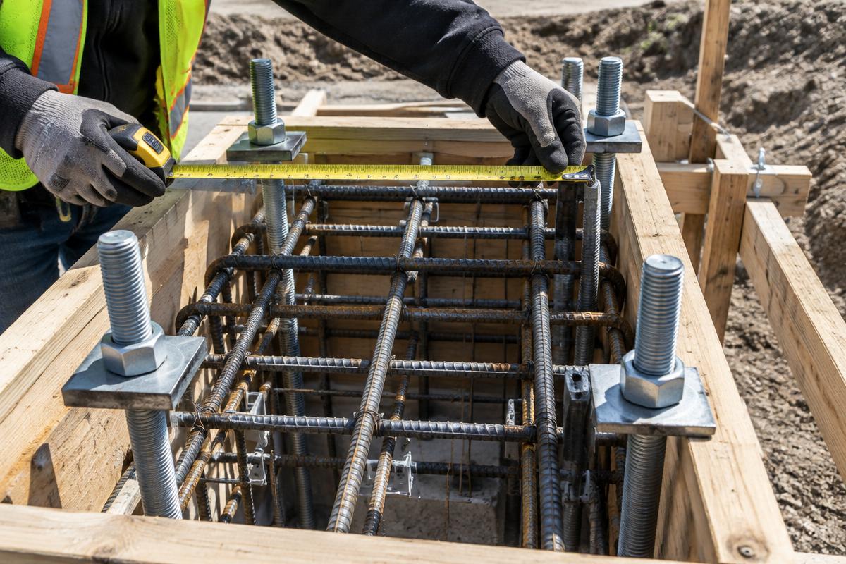 Inspector measuring cast-in anchor bolt spacing above foundation formwork and rebar