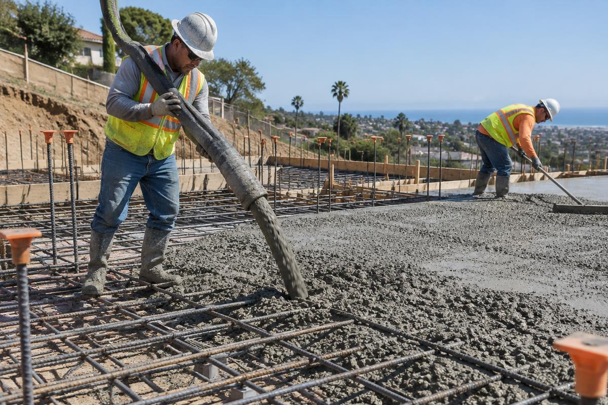 Concrete being pumped over reinforcing steel during a foundation slab pour