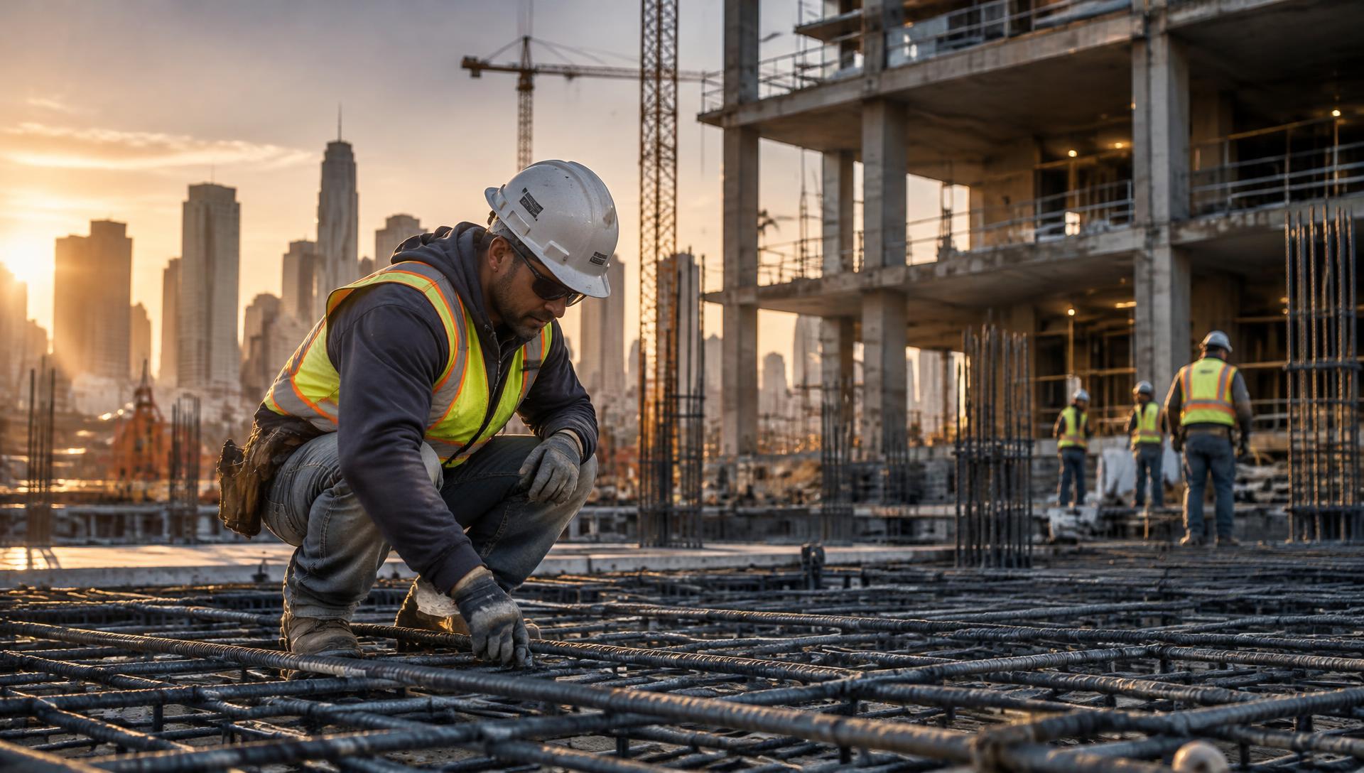 Inspector in hard hat and safety vest checking reinforcing steel before a concrete pour