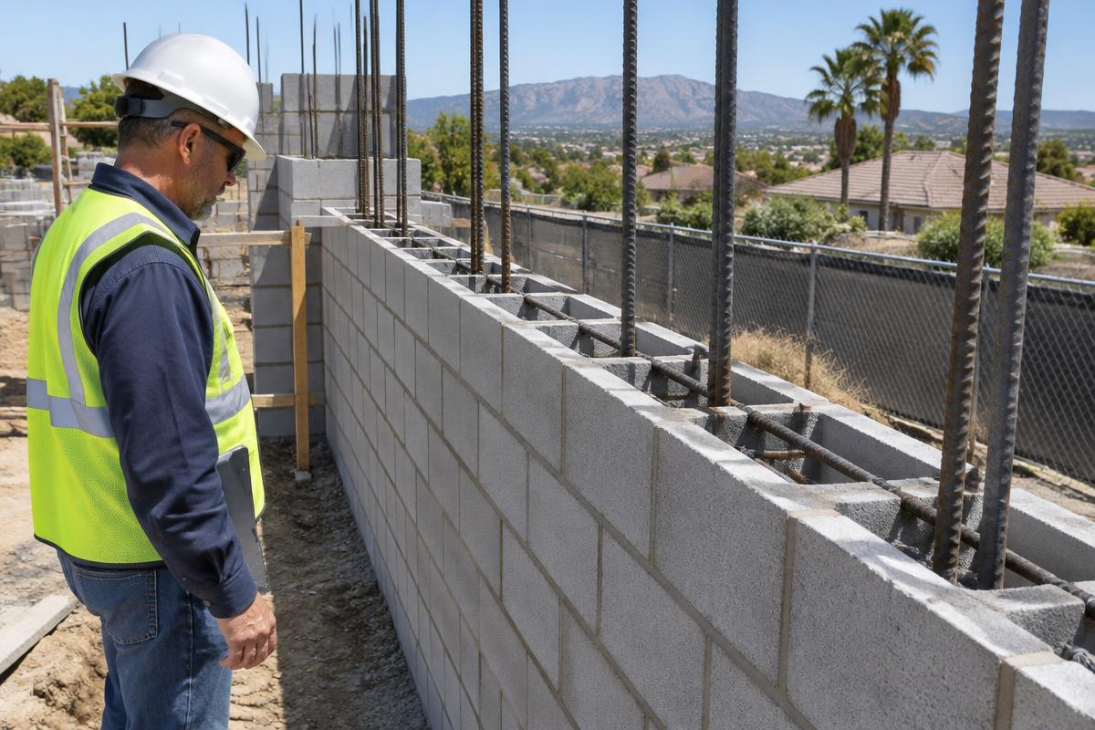 Inspector examining steel reinforcement in an unfinished concrete block masonry wall