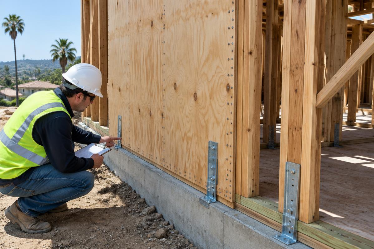 Inspector checking plywood shear wall fastening and hold-down connections