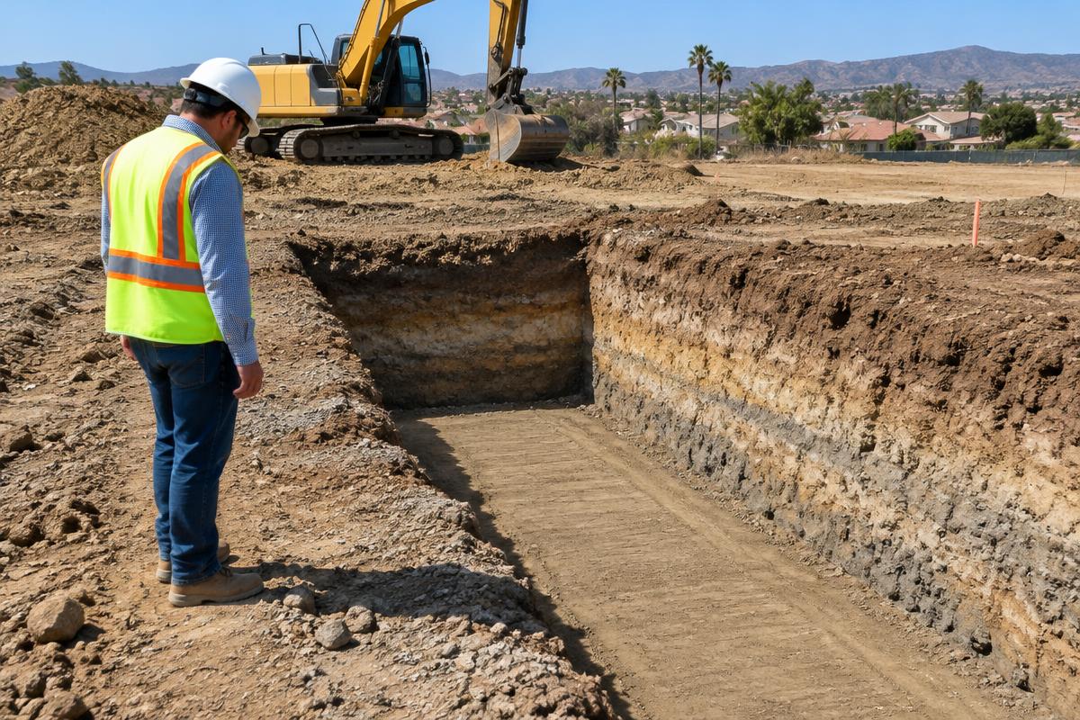 Inspector observing a footing excavation and prepared soil subgrade