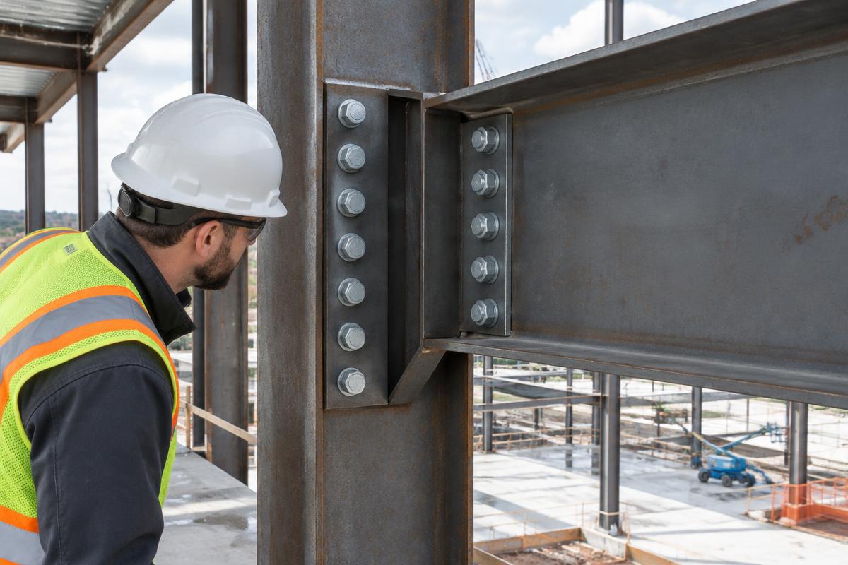 Inspector examining a bolted structural steel beam-to-column connection